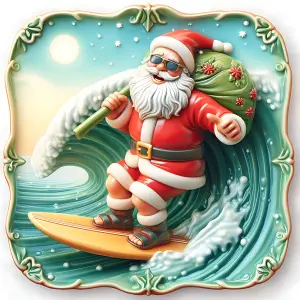 Santa Claus Surfing on Ocean Wave