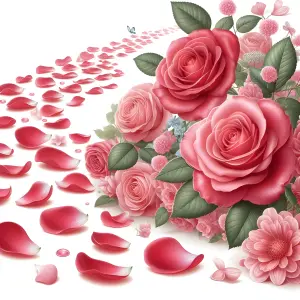 Delicate Pink and Red Roses with Scattered Petals and Green Leaves