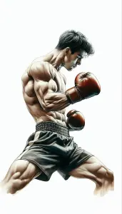 Muscular Male Boxer in Fighting Stance Wearing Boxing Gloves