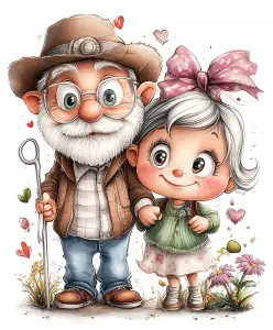 Cute Cartoon Grandfather and Granddaughter Holding Hands