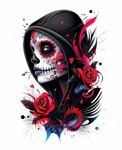 Day of the Dead Woman in Hood with Colorful Floral and Bird Elements