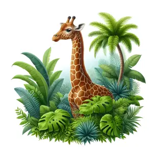 Giraffe Among Tropical Jungle Foliage Illustration