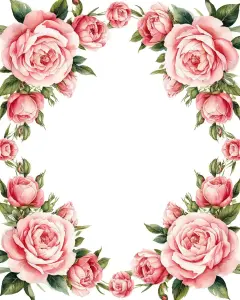 Floral Pink Rose Frame Border on White Background