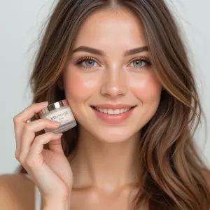 Smiling Woman Holding Belimuse Skin Care Cream Jar