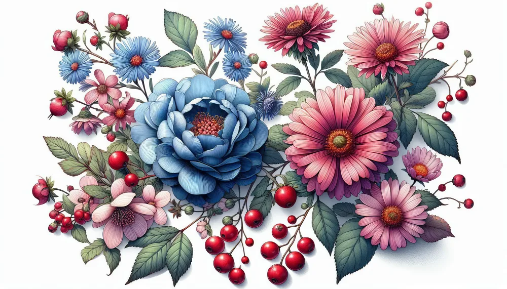 Detailed Illustration of Various Flowers and Red Berries