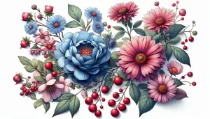 Detailed Illustration of Various Flowers and Red Berries