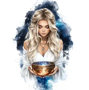Illustration of Woman in White Holding Magical Bowl with Celestial Glow