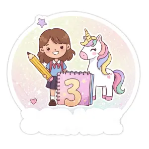 Cute Cartoon Girl and Unicorn with Number 3 Notebook