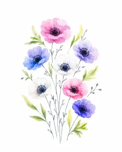 Watercolor Painting of Colorful Anemone Flowers