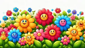 Happy Cartoon Flowers with Smiling Faces in Colorful Garden