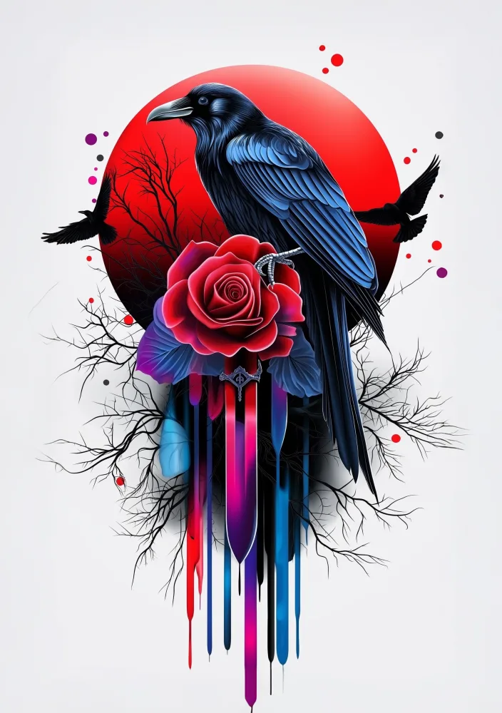 Dark Gothic Crow with Red Rose and Blood Moon