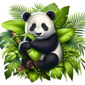 Cute Panda Cub Surrounded by Tropical Green Leaves