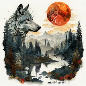 Artistic Wolf Silhouette with Mountain and Forest Landscape