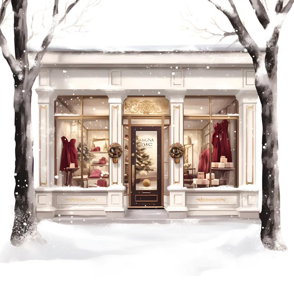 Snowy Winter Boutique Storefront with Holiday Decorations