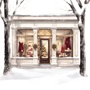 Snowy Winter Boutique Storefront with Holiday Decorations