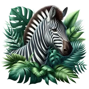Portrait of a Zebra Surrounded by Tropical Green Leaves