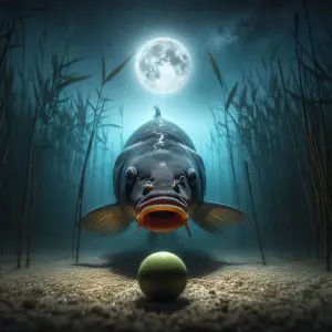 Underwater Carp Facing a Spherical Object with Full Moon in Background
