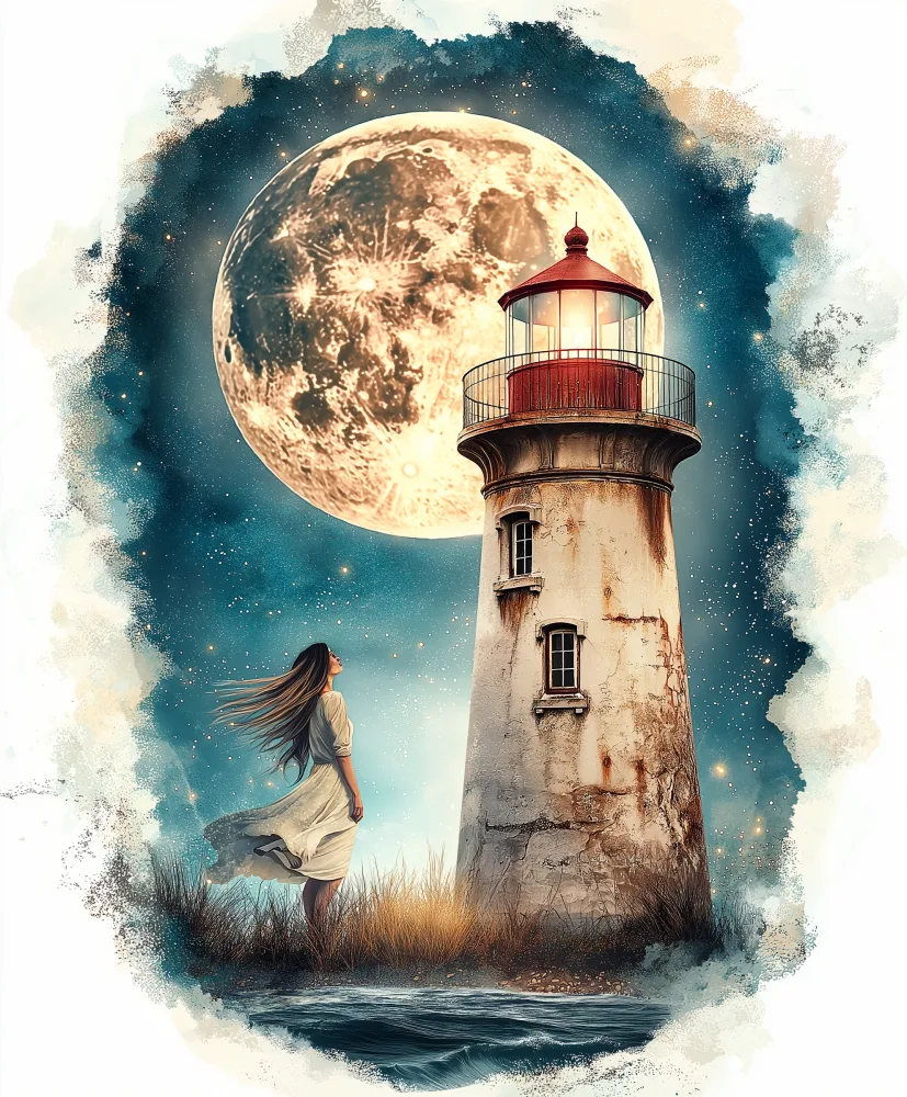 Woman Standing Near Lighthouse Under Giant Full Moon