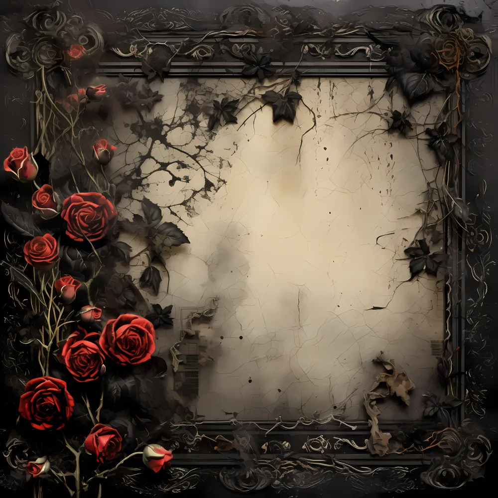 Vintage Black Frame with Red Roses and Ivy Leaves