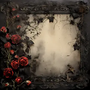 Vintage Black Frame with Red Roses and Ivy Leaves