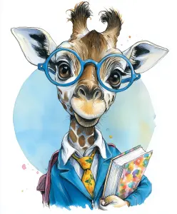 Illustration of Scholarly Giraffe Wearing Glasses and Holding a Book