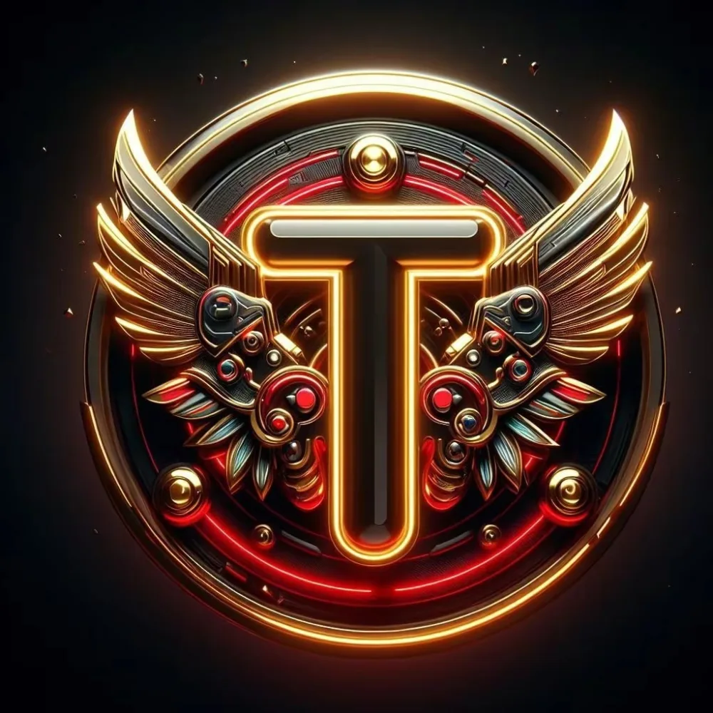 Glowing Gold and Red Mechanical Wings Emblem with Capital T