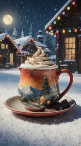 Festive Hot Chocolate with Whipped Cream in Winter Snow