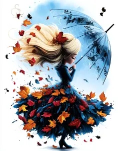 Digital Illustration of Girl with Umbrella and Flying Autumn Leaves