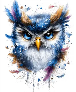 Vivid Artistic Illustration of Blue Owl with Colorful Feathers