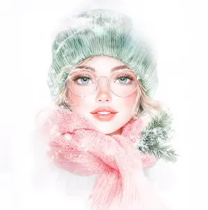 Portrait of Woman in Winter Hat and Pink Scarf with Pine Sprig
