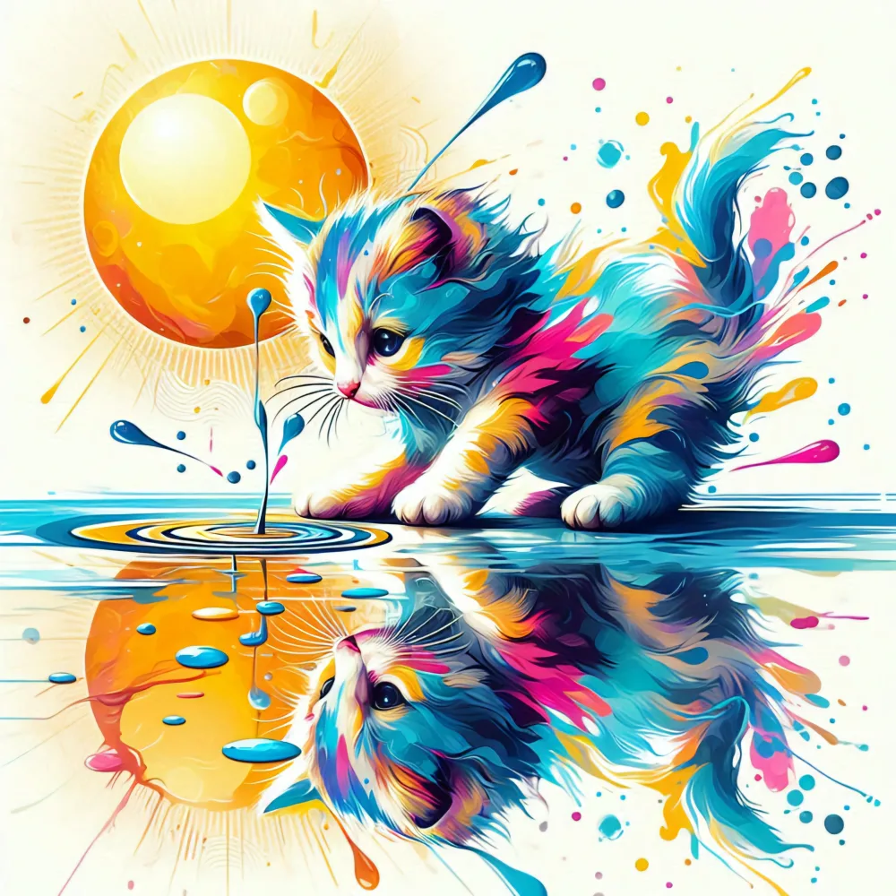 Colorful Kitten Playing with Water Reflection under Sun