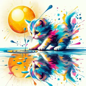 Colorful Kitten Playing with Water Reflection under Sun