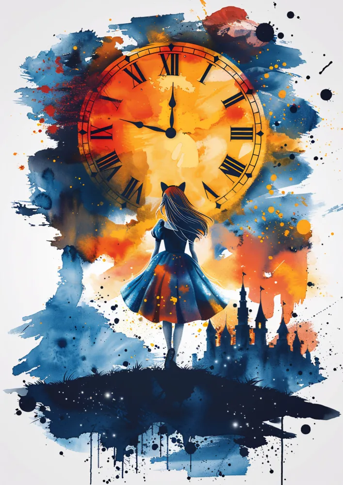 Surreal Illustration of Girl with Cat Ears Facing Giant Clock and Castle