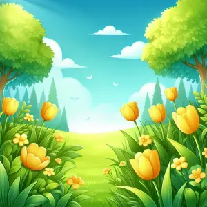 Bright Spring Meadow with Yellow Tulips Under a Blue Sky