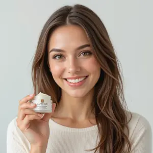 Smiling Young Woman Holding Jar of Cream Skincare Product