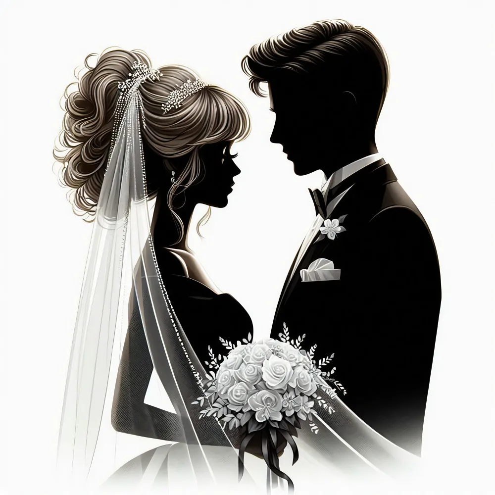 Silhouetted Bride and Groom in Elegant Wedding Attire
