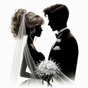 Silhouetted Bride and Groom in Elegant Wedding Attire