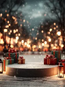Snowy Christmas Gift Display with Lanterns and Bokeh Lights