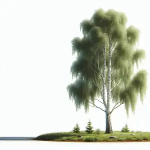 Lone Birch Tree on Small Island with Greenery