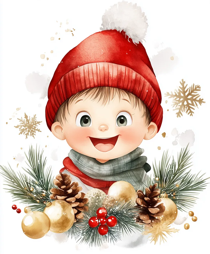 Smiling Toddler in Red Winter Hat with Christmas Decorations