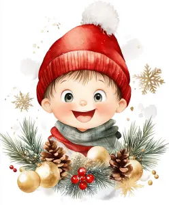 Smiling Toddler in Red Winter Hat with Christmas Decorations