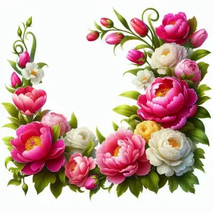 Floral Wreath Frame with Pink and White Peonies and Green Leaves