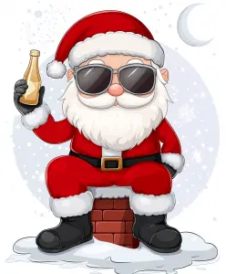 Cool Santa Claus Wearing Sunglasses Sitting on Chimney with Bottle