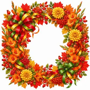 Autumn Wreath with Orange Flowers, Berries, and Ribbons