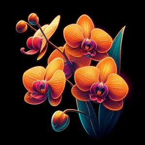Vibrant Glowing Orange Orchids on Black Background
