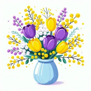 Colorful Bouquet of Purple and Yellow Flowers in Blue Vase