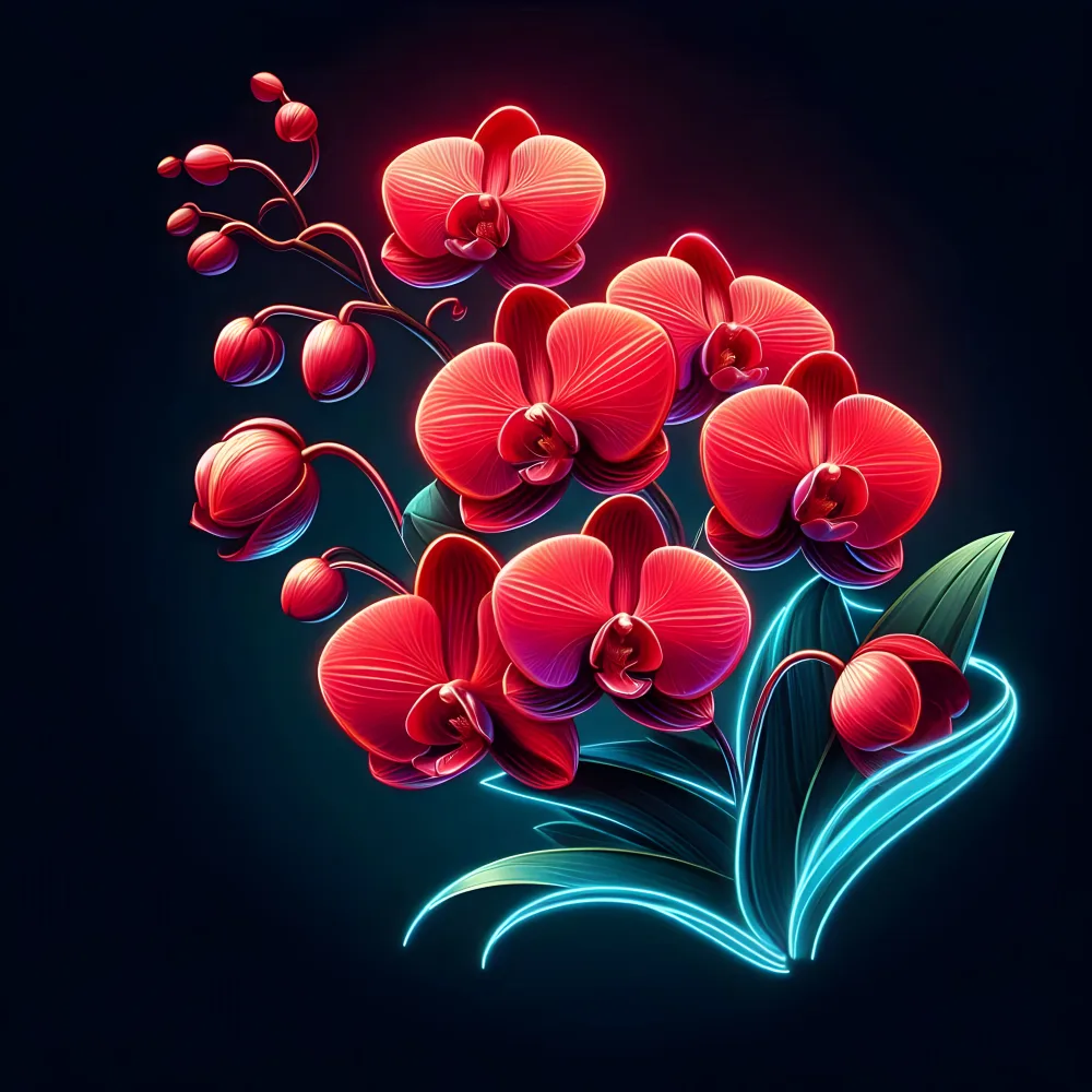 Glowing Red Orchid Flowers with Neon Blue Leaves on Dark Background