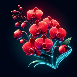Glowing Red Orchid Flowers with Neon Blue Leaves on Dark Background