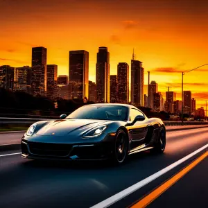Black Sports Car Driving on Highway at Sunset in Urban Cityscape