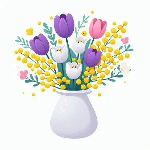Colorful Bouquet of Tulips and Yellow Berries in White Vase